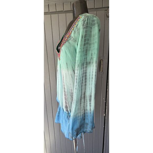 Hale Bob S Cabana Silk Ombre Tie Dye Beaded V-Neck Top Drawstring Waist 37” Bust - Picture 4 of 10